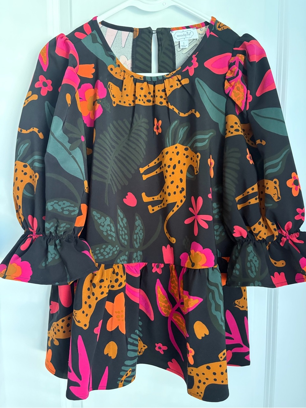 Mud Pie Women’s Black Top with Pink & Orange Jungle Print